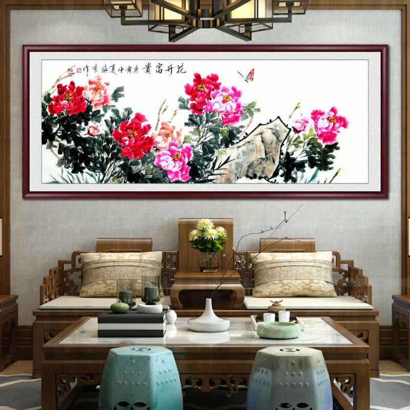 新款客廳裝飾畫掛畫(帶框尺寸：188*78cm 花開富貴-2 複刻噴繪+紅褐色實木框)