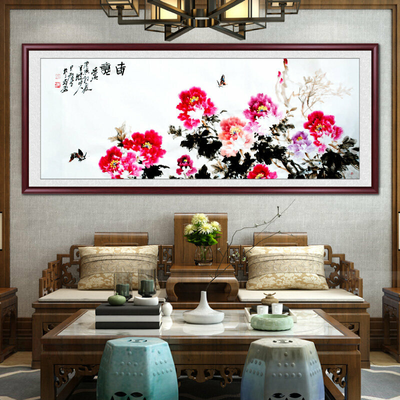 新款客廳裝飾畫掛畫(帶框尺寸：218*88cm 牡丹圖-9 複刻噴繪+紅褐色實木框)