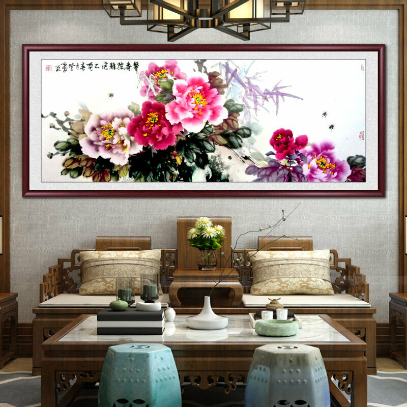 新款客廳裝飾畫掛畫(帶框尺寸：208*88cm 牡丹圖-3 複刻噴繪+紅褐色實木框)