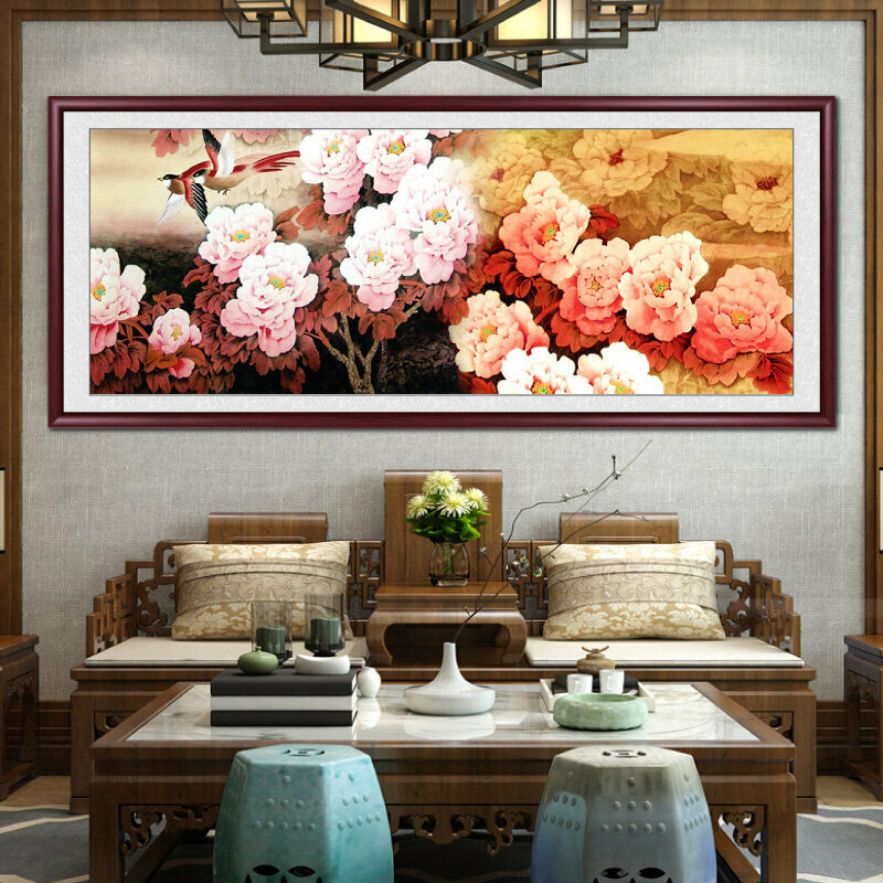 新款客廳裝飾畫掛畫(帶框尺寸：208*88cm 祥和玫瑰 複刻噴繪+紅褐色實木框)