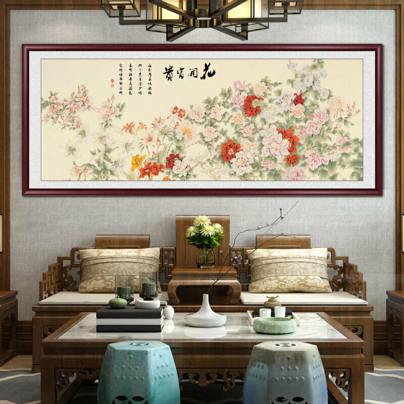 新款客廳裝飾畫掛畫(帶框尺寸：228*88cm 花開富貴-3 複刻噴繪+紅褐色實木框)