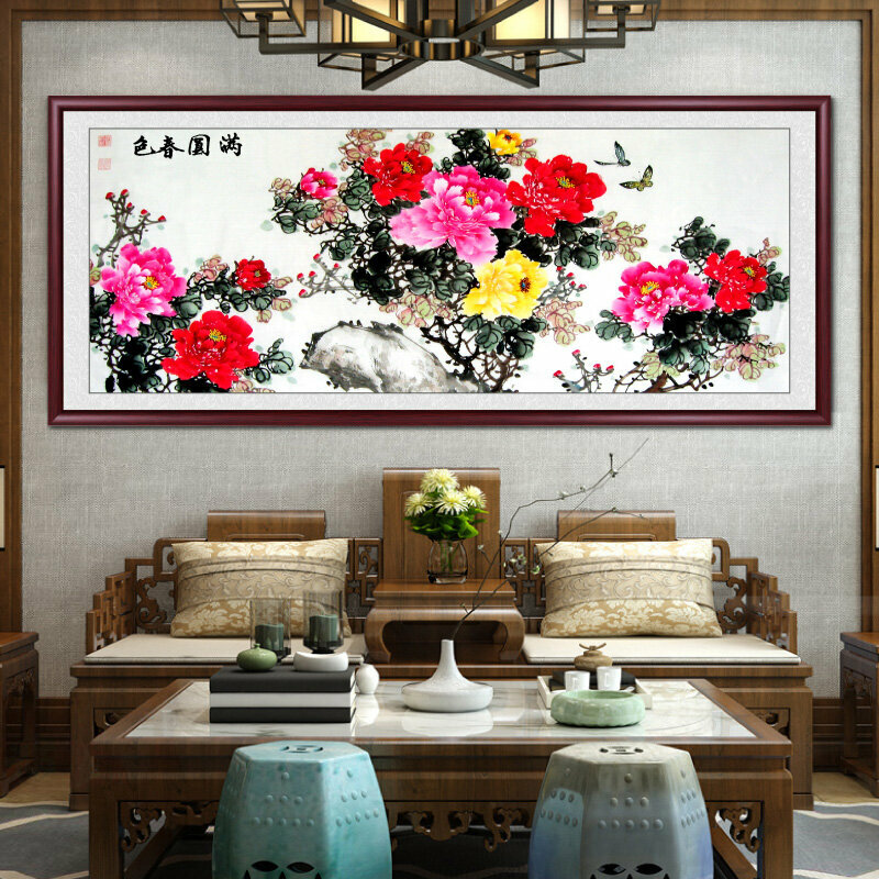 新款客廳裝飾畫掛畫(帶框尺寸：238*98cm 滿園春色-1 複刻噴繪+紅褐色實木框)
