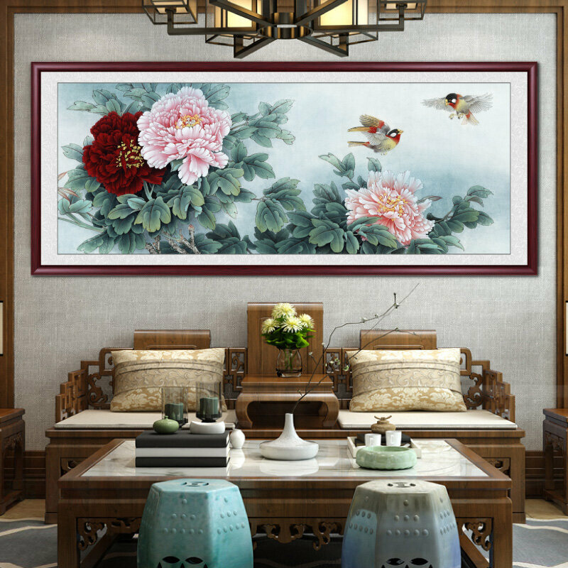 新款客廳裝飾畫掛畫(帶框尺寸：188*78cm 牡丹圖-6 複刻噴繪+紅褐色實木框)