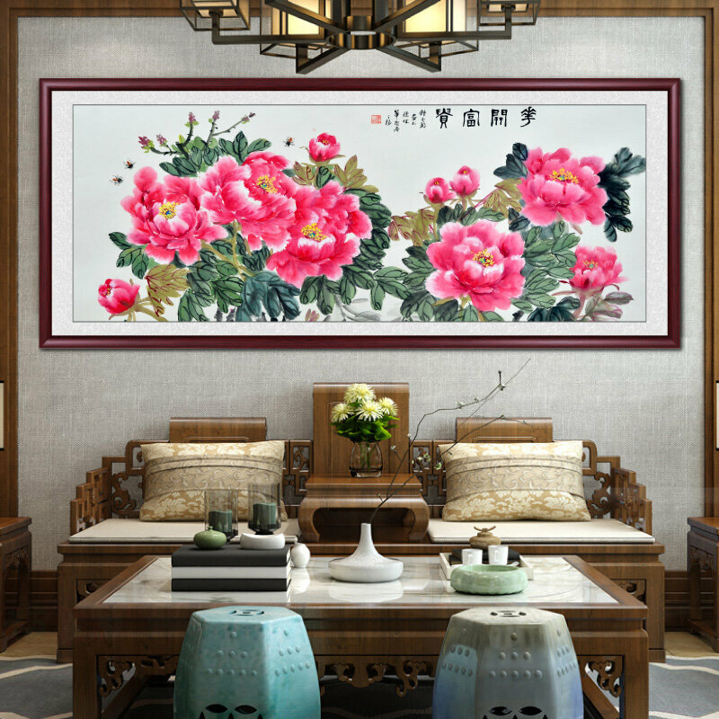 New living room decorative painting hanging picture (framed size: 228*88cm Flowers Blooming and Prosperity-1 Reproduction + reddish brown solid wood frame)