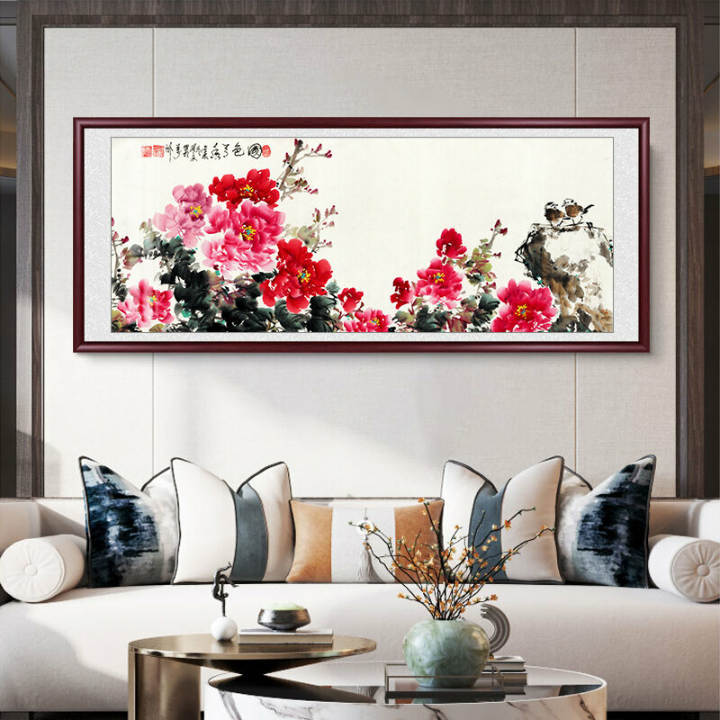 New living room decorative painting and hanging picture (framed size: 218*88cm, national color and heavenly fragrance, replica printing + reddish brown solid wood frame)