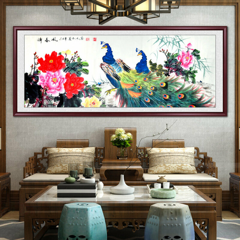 New living room decorative painting and hanging picture (framed size: 238*98cm Drunken Spring Breeze replica printing + reddish brown solid wood frame)