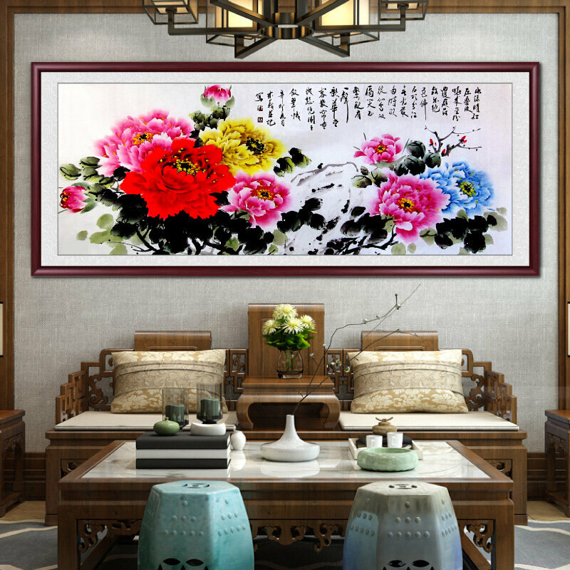 New living room decorative painting and hanging picture (framed size: 208*88cm peony picture-1 replica spray painting + reddish brown solid wood frame)