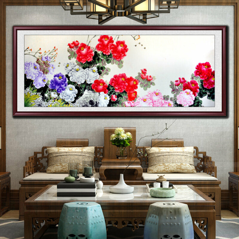 New living room decorative painting and hanging picture (framed size: 238*98cm peony picture-2 reproduction spray painting + reddish brown solid wood frame)