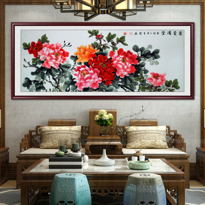 New living room decorative painting hanging picture (framed size: 218*88cm Wealthy Mantang-2 replica printing + reddish brown solid wood frame)