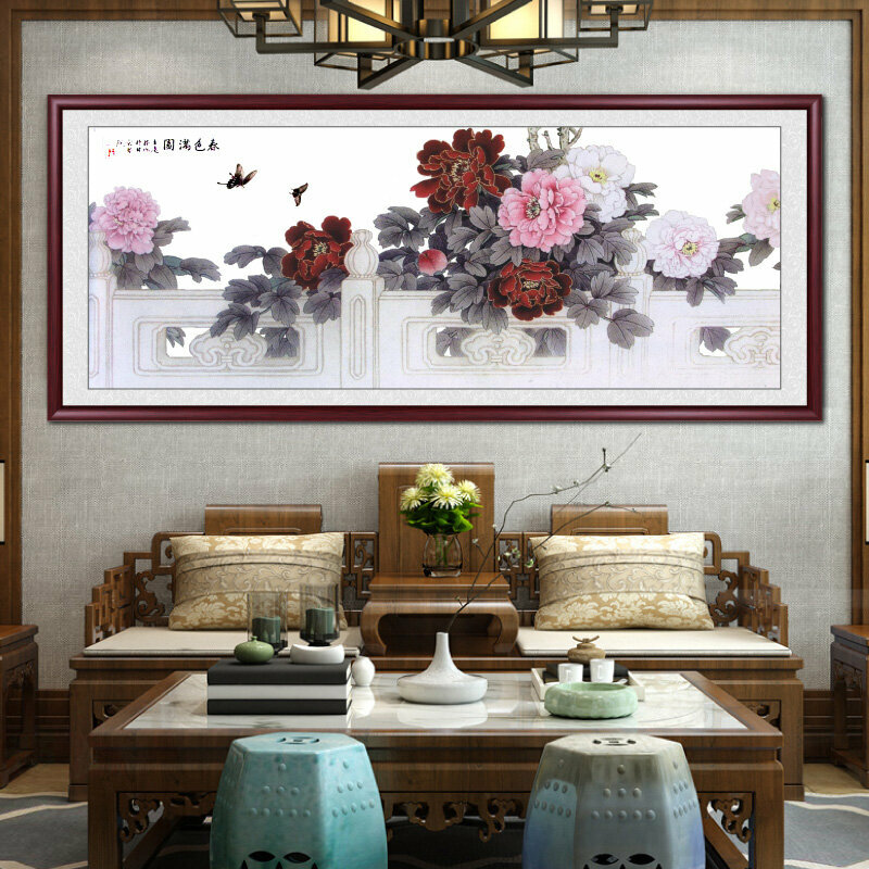 New living room decorative painting and hanging picture (framed size: 228*88cm Garden full of spring colors-2 reproduction spray painting + reddish brown solid wood frame)