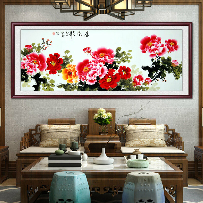 Hotly recommended living room decorative paintings (framed size: 218*88cm Chunhua replica printing + reddish brown solid wood frame)