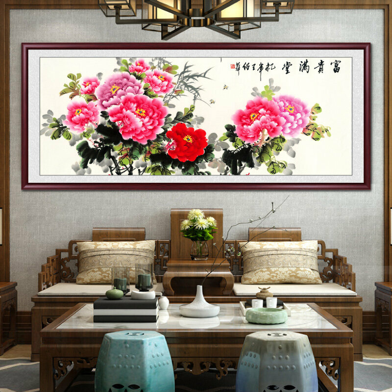 Hotly recommended living room decorative paintings (framed size: 228*88cm Wealthy Mantang-1 replica inkjet painting + reddish brown solid wood frame)