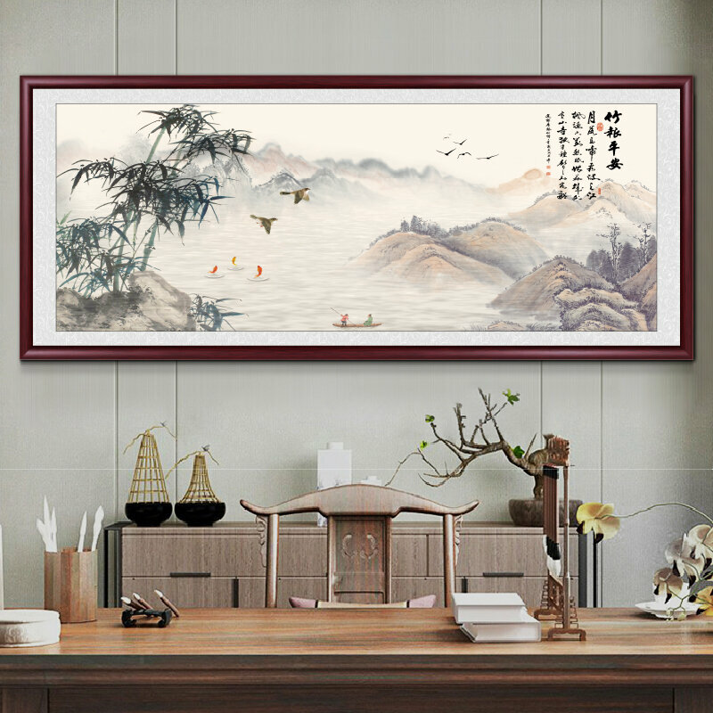 熱推客廳裝飾畫掛畫(帶框尺寸：228*88cm 竹報平安-5 複刻噴繪+防潮畫布+紅木色框)