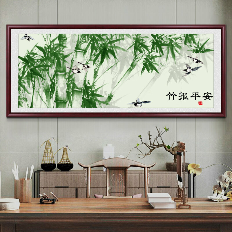 熱推客廳裝飾畫掛畫(帶框尺寸：208*88cm 竹報平安-6 複刻噴繪+防潮畫布+紅木色框)