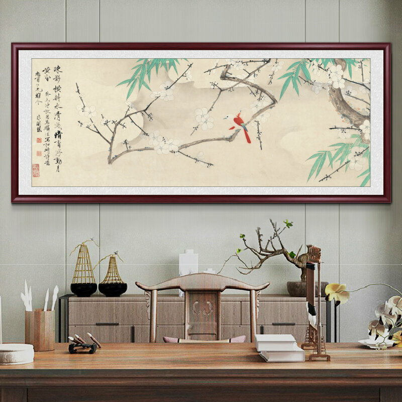 熱推客廳裝飾畫掛畫(帶框尺寸：208*88cm 竹報平安-7 複刻噴繪+防潮畫布+紅木色框)