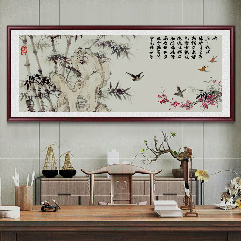 熱推客廳裝飾畫掛畫(帶框尺寸：208*88cm 竹報平安-8 複刻噴繪+防潮畫布+紅木色框)