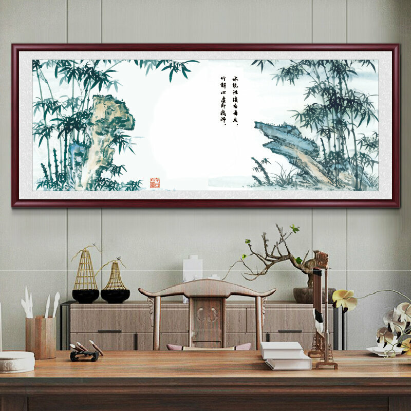 熱推客廳裝飾畫掛畫(帶框尺寸：238*98cm 竹報平安-10 複刻噴繪+防潮畫布+紅木色框)