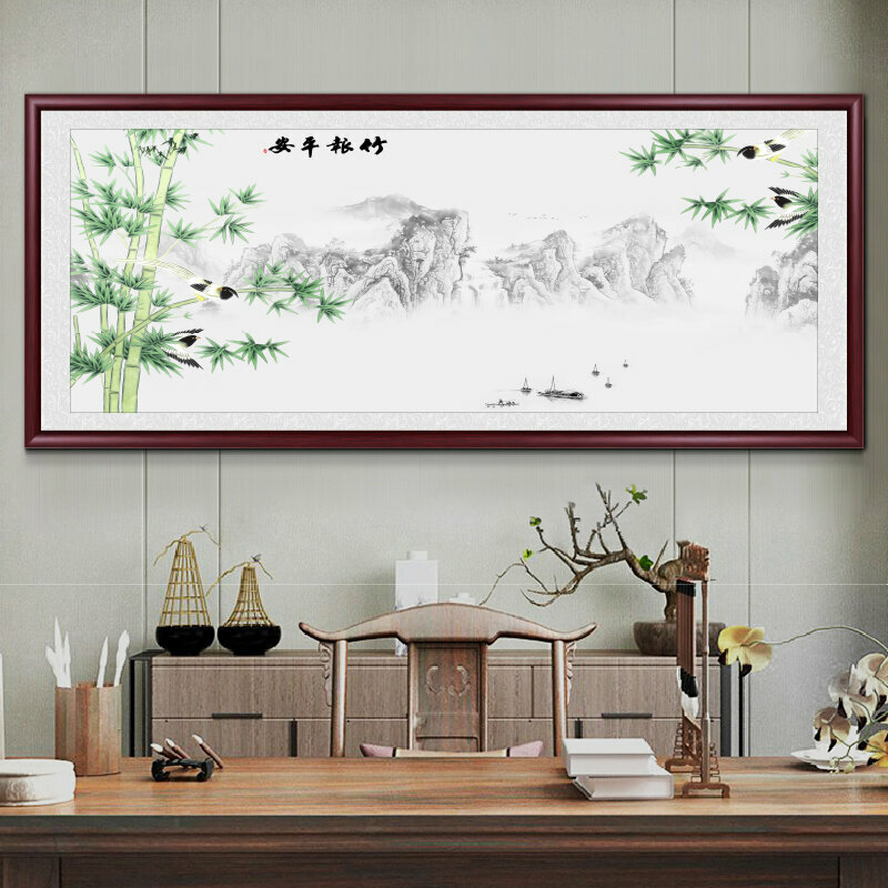 熱推客廳裝飾畫掛畫(帶框尺寸：228*88cm 竹報平安-12 複刻噴繪+防潮畫布+紅木色框)