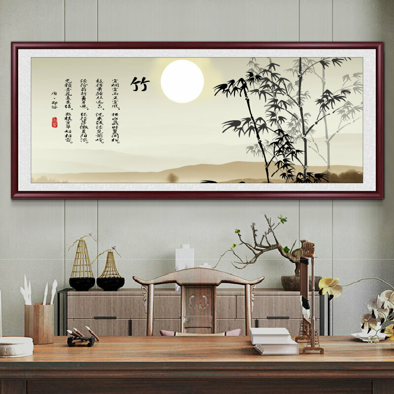 熱推客廳裝飾畫掛畫(帶框尺寸：228*88cm 竹報平安-13 複刻噴繪+防潮畫布+紅木色框)