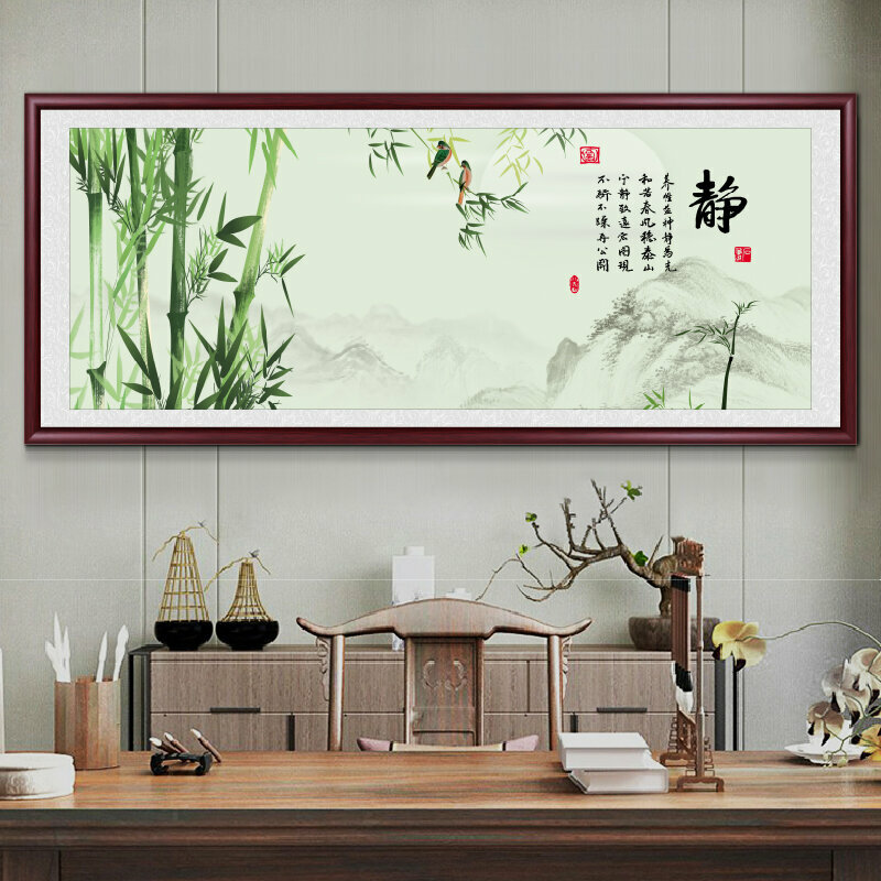 熱推客廳裝飾畫掛畫(帶框尺寸：238*98cm 竹報平安-14 複刻噴繪+防潮畫布+紅木色框)