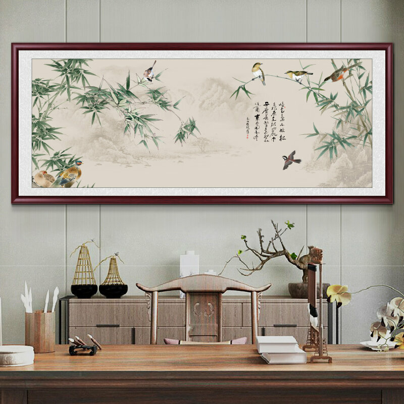 熱推客廳裝飾畫掛畫(帶框尺寸：188*78cm 竹報平安-15 複刻噴繪+防潮畫布+紅木色框)