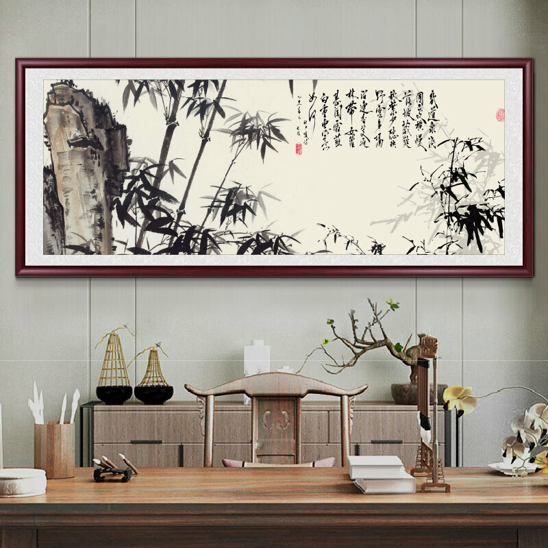 熱推客廳裝飾畫掛畫(帶框尺寸：238*98cm 竹報平安-16 複刻噴繪+防潮畫布+紅木色框)