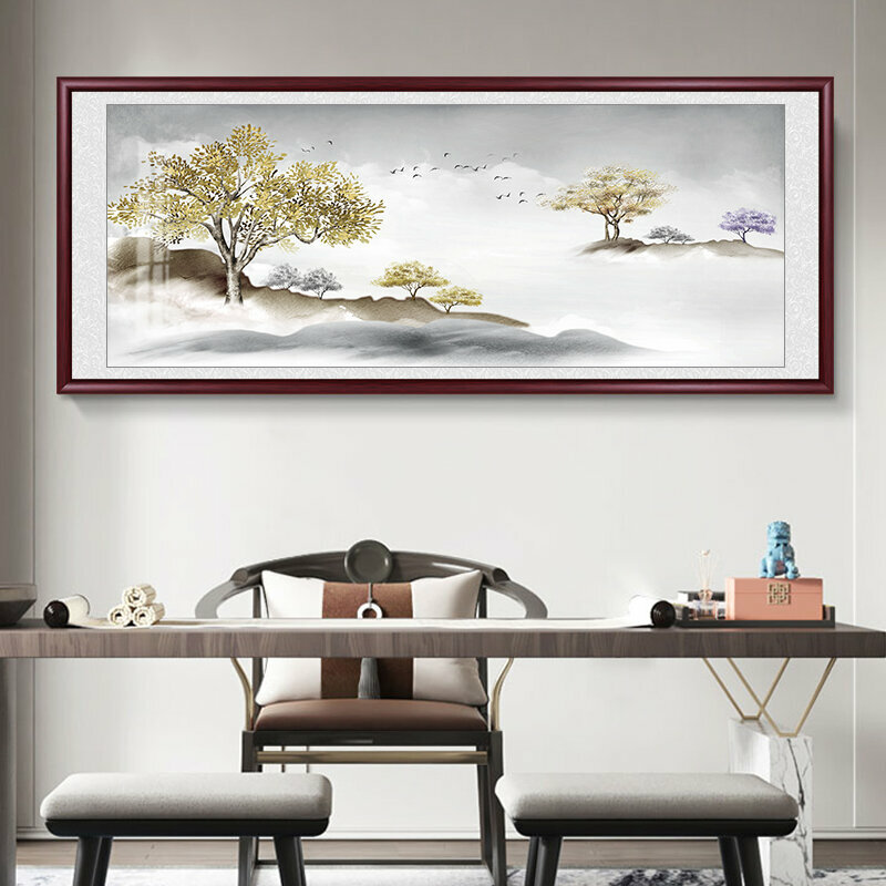 熱推客廳裝飾畫掛畫(帶框尺寸：238*98cm 多彩山色 複刻噴繪+防潮畫布+紅色實木外框)