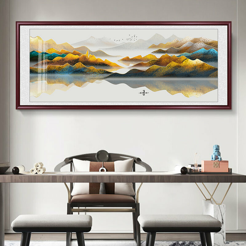 熱推客廳裝飾畫掛畫(帶框尺寸：208*88cm 層巒聳翠 複刻噴繪+防潮畫布+紅色實木外框)