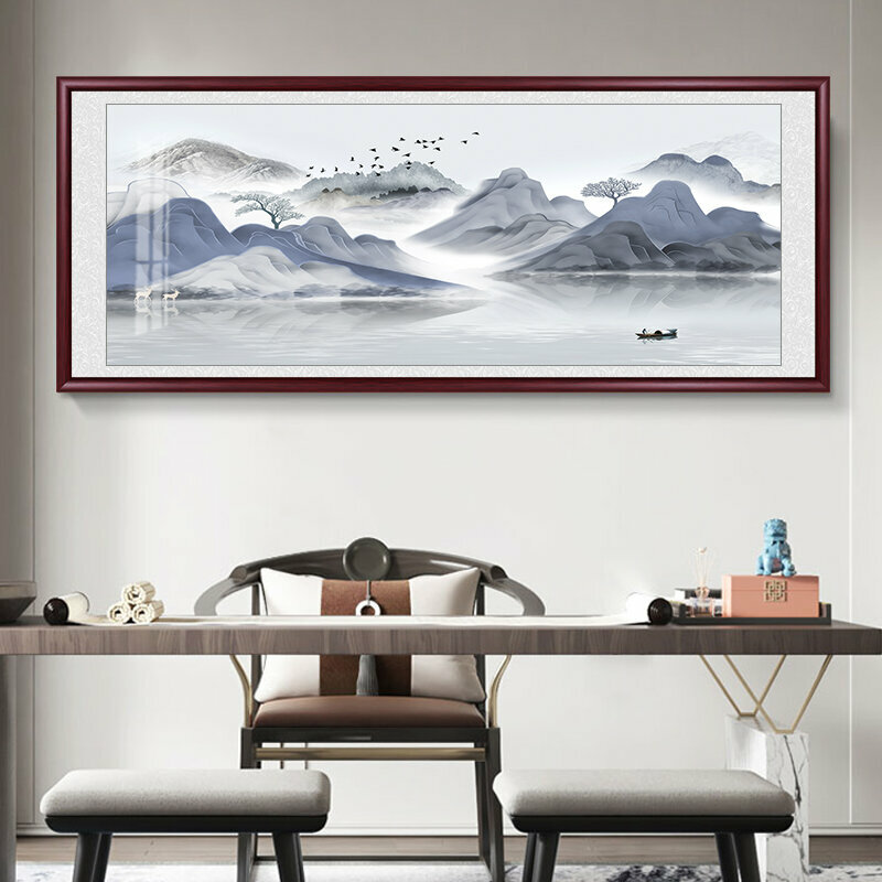 熱推客廳裝飾畫掛畫(帶框尺寸：218*88cm 禪意山水 複刻噴繪+防潮畫布+紅色實木外框)