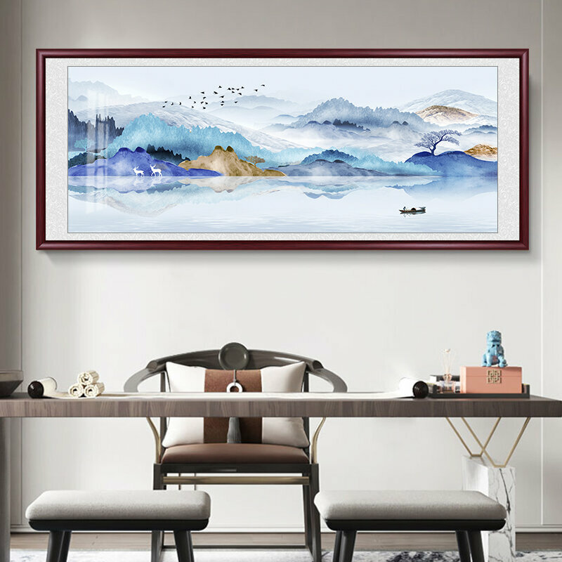 熱推客廳裝飾畫掛畫(帶框尺寸：228*88cm 多彩江山 複刻噴繪+防潮畫布+紅色實木外框)