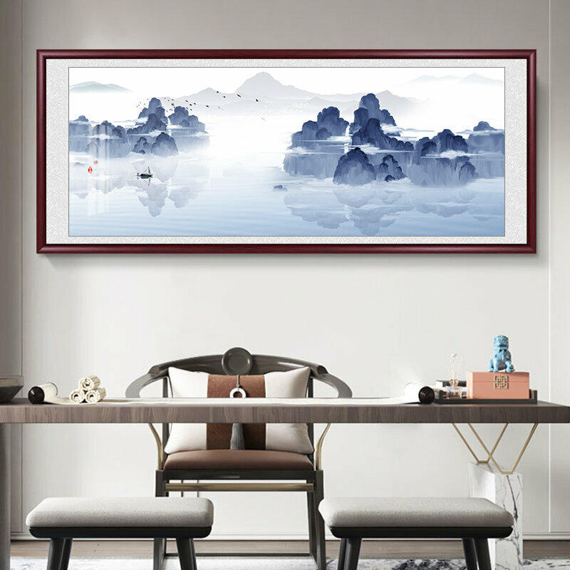熱推客廳裝飾畫掛畫(帶框尺寸：228*88cm 山墨水慈 複刻噴繪+防潮畫布+紅色實木外框)
