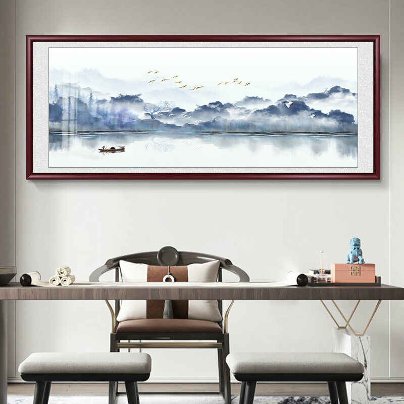 熱推客廳裝飾畫掛畫(帶框尺寸：208*88cm 水墨曦之 複刻噴繪+防潮畫布+紅色實木外框)