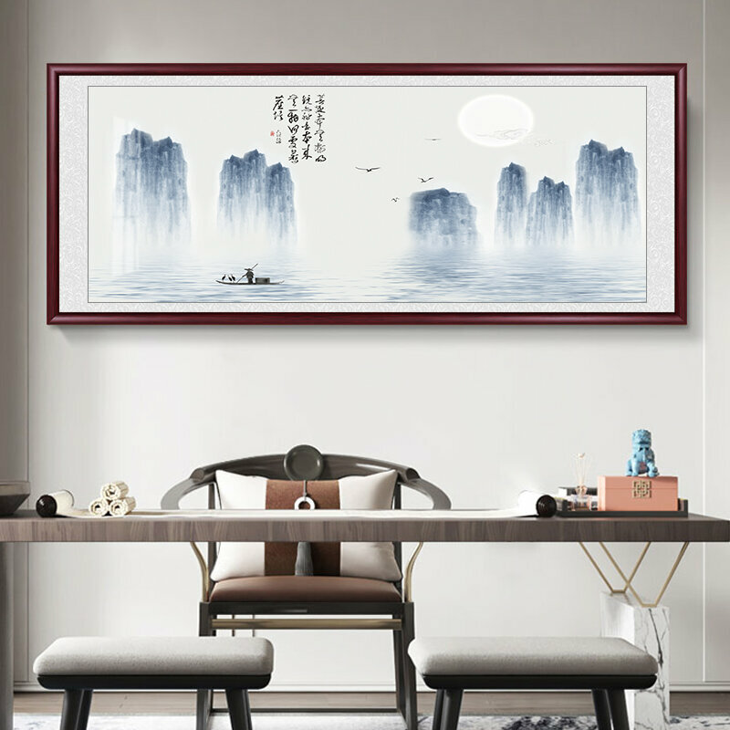 熱推客廳裝飾畫掛畫(帶框尺寸：228*88cm 水墨山青 複刻噴繪+防潮畫布+紅色實木外框)