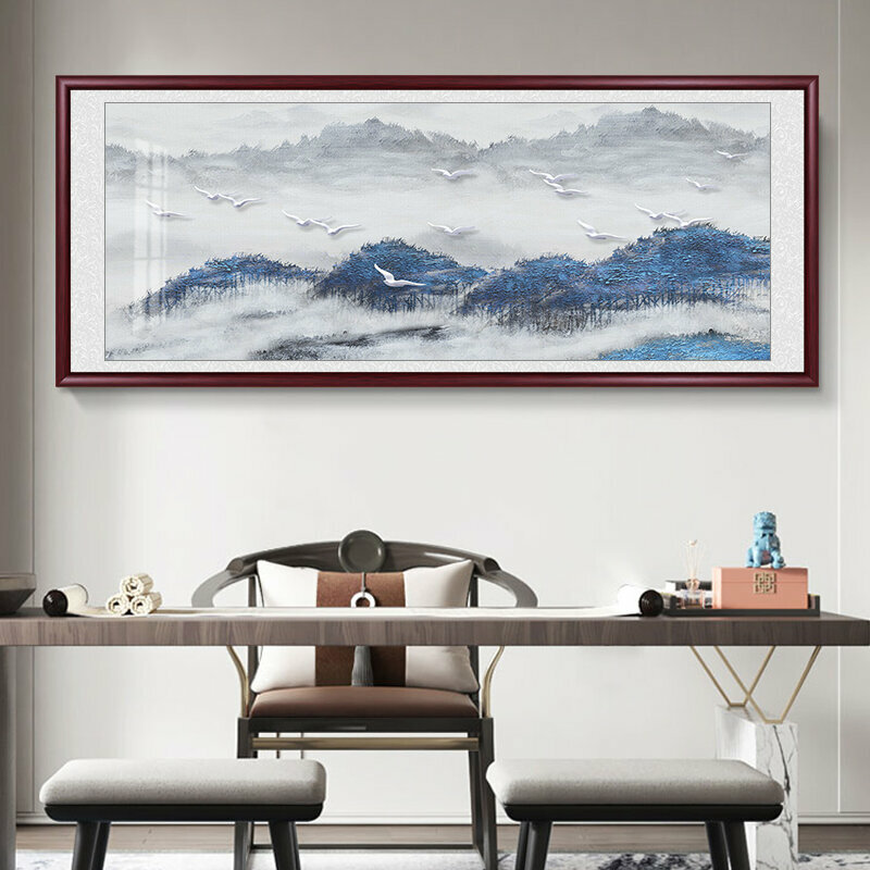 熱推客廳裝飾畫掛畫(帶框尺寸：228*88cm 水墨山水-1 複刻噴繪+防潮畫布+紅色實木外框)