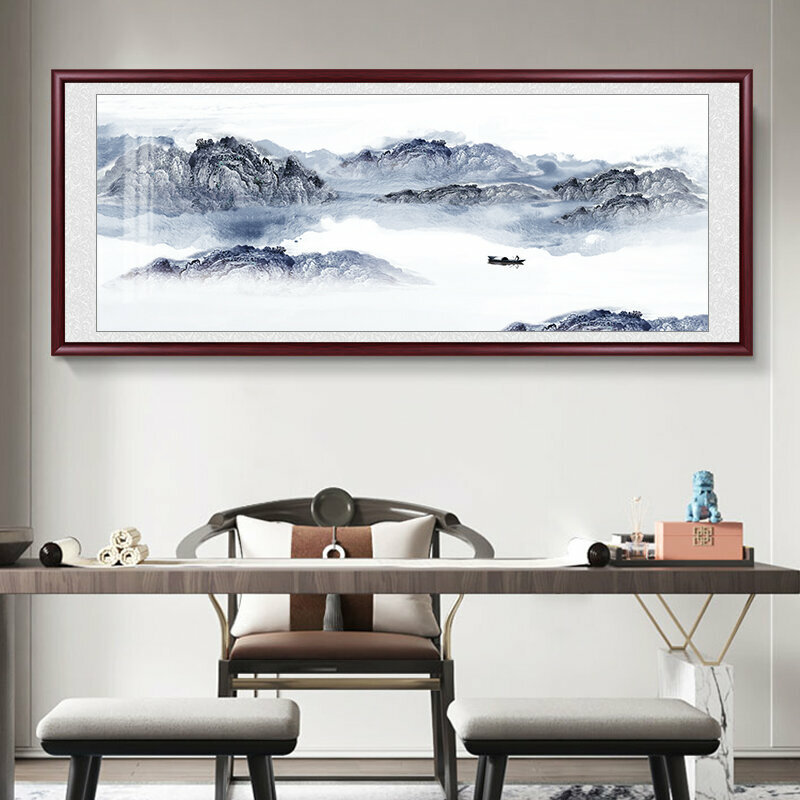 熱推客廳裝飾畫掛畫(帶框尺寸：238*98cm 水墨山水-2 複刻噴繪+防潮畫布+紅色實木外框)