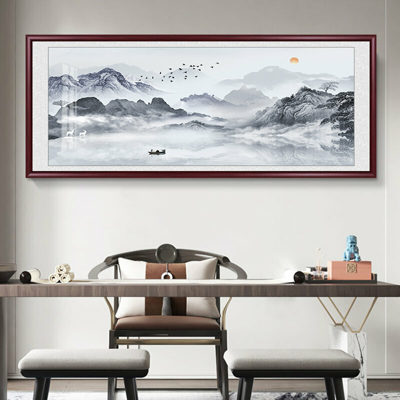 熱推客廳裝飾畫掛畫(帶框尺寸：208*88cm 一葉扁舟 複刻噴繪+防潮畫布+紅色實木外框)