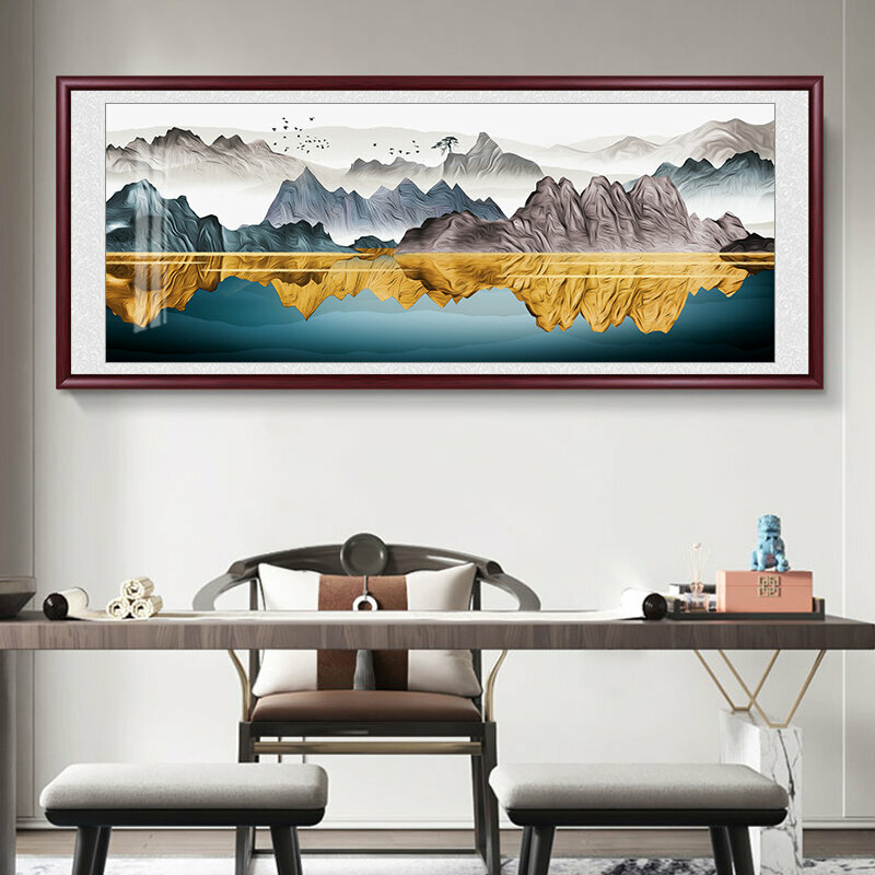 熱推客廳裝飾畫掛畫(帶框尺寸：238*98cm 依山傍水 複刻噴繪+防潮畫布+紅色實木外框)