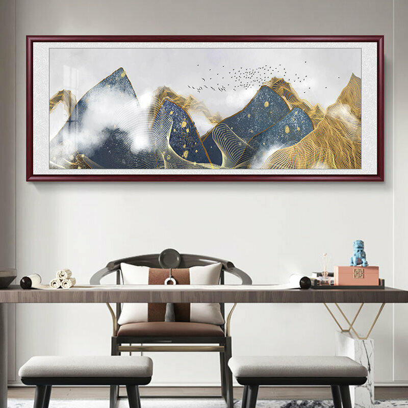 熱推客廳裝飾畫掛畫(帶框尺寸：218*88cm 意象山水 複刻噴繪+防潮畫布+紅色實木外框)