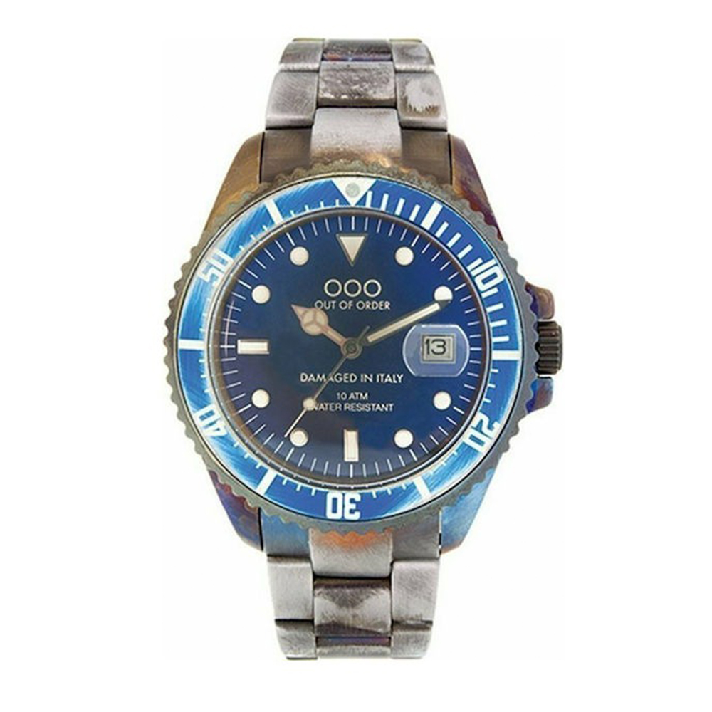 【OUT OF ORDER】帶日期 水鬼款 不鏽鋼 夜光腕錶銀藍鋼 (附質感雷雕刻字木盒)