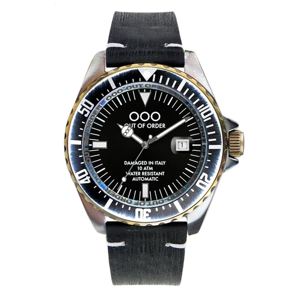 【OUT OF ORDER】帶日期 水鬼款 自動上鍊 質感皮革 夜光機械腕錶 (附質感雷雕刻字木盒)