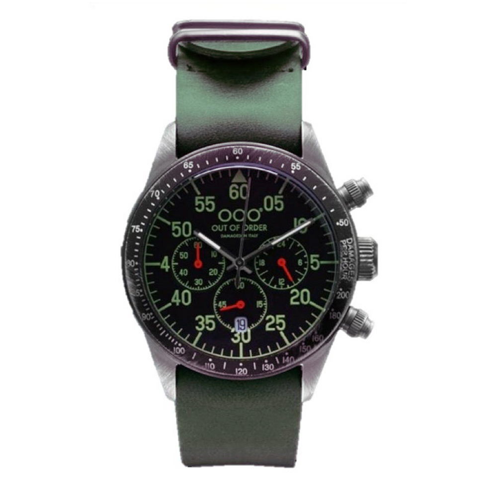 【OUT OF ORDER】真三眼帶日期 熊貓款 質感皮革 夜光腕錶 (附質感雷雕刻字木盒)