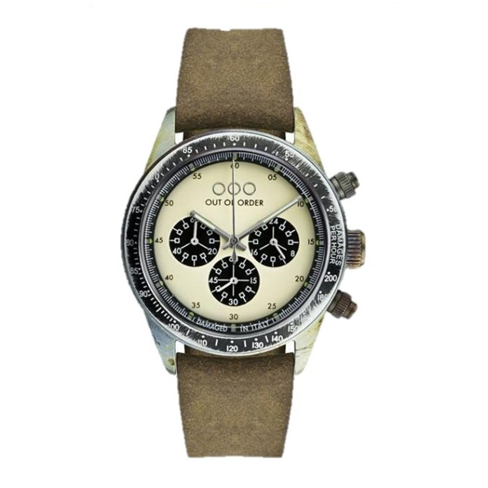 【OUT OF ORDER】真三眼 熊貓款 質感皮革 夜光腕錶 (附質感雷雕刻字木盒)