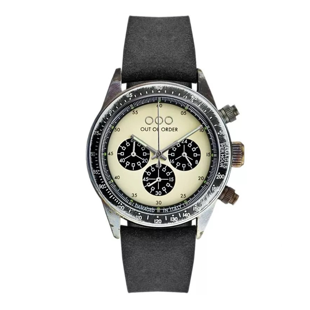 【OUT OF ORDER】真三眼 熊貓款 質感皮革 夜光腕錶 (附質感雷雕刻字木盒)