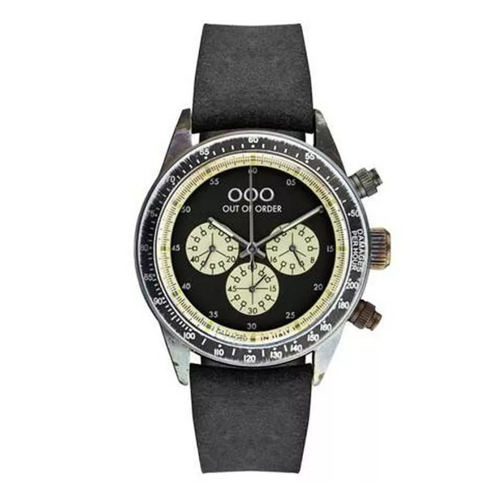 【OUT OF ORDER】真三眼 熊貓款 質感皮革 夜光腕錶 (附質感雷雕刻字木盒)