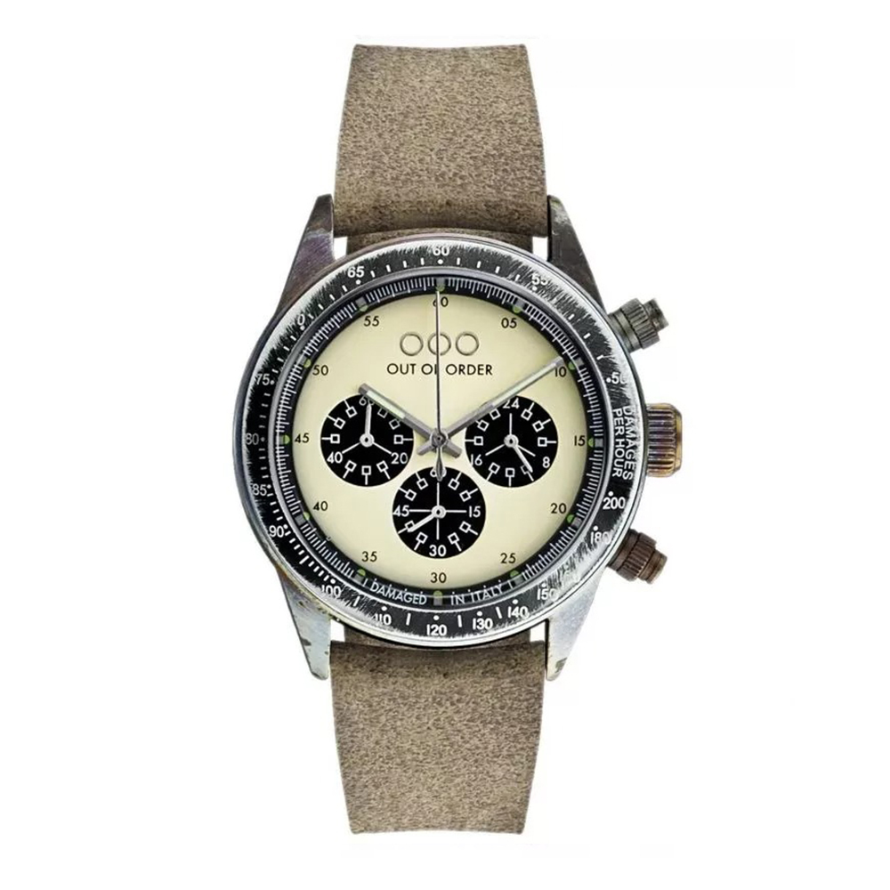 【OUT OF ORDER】真三眼 熊貓款 質感皮革 夜光腕錶 (附質感雷雕刻字木盒)