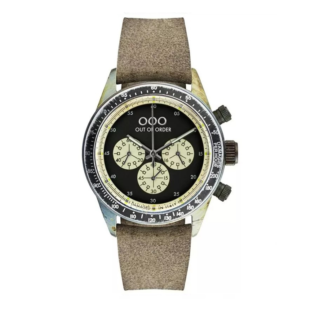 【OUT OF ORDER】真三眼 熊貓款 質感皮革 夜光腕錶 (附質感雷雕刻字木盒)