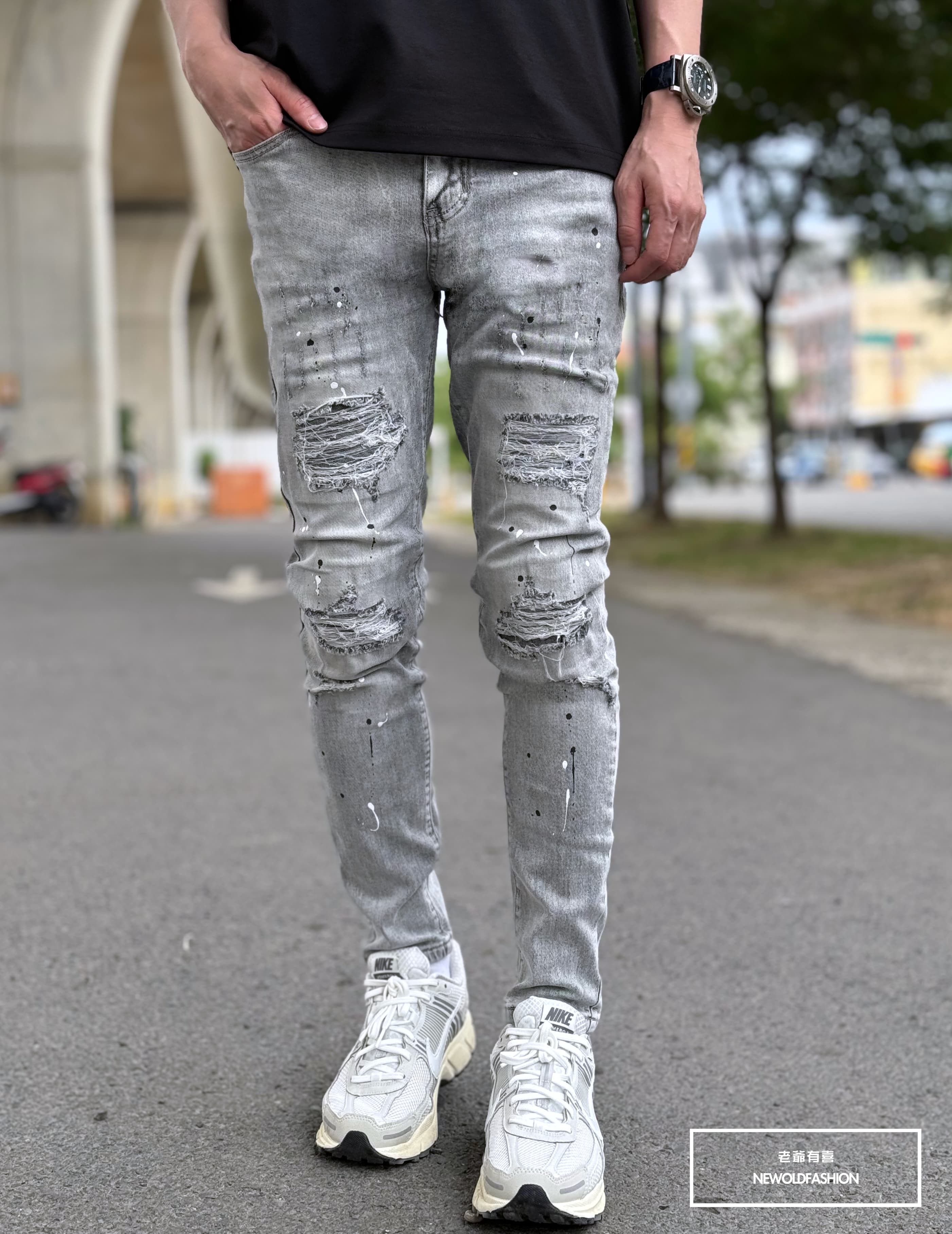 『新品上市』重磅黑白潑漆灰補丁小直筒褲(NOF22063583)