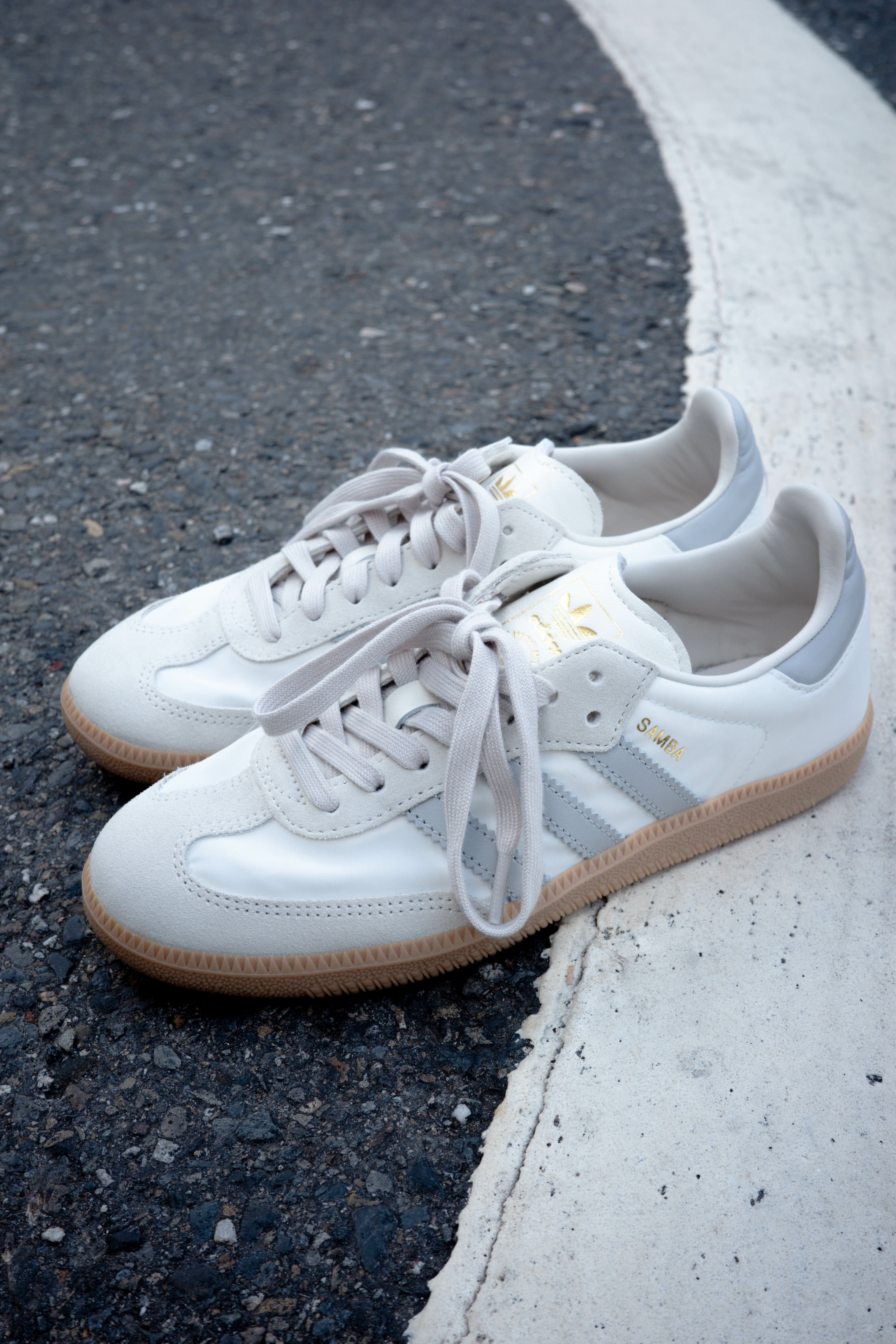 ADIDAS SAMBA OG 絲綢 布面 奶油白灰 淺灰 米色 焦糖底  ID1448