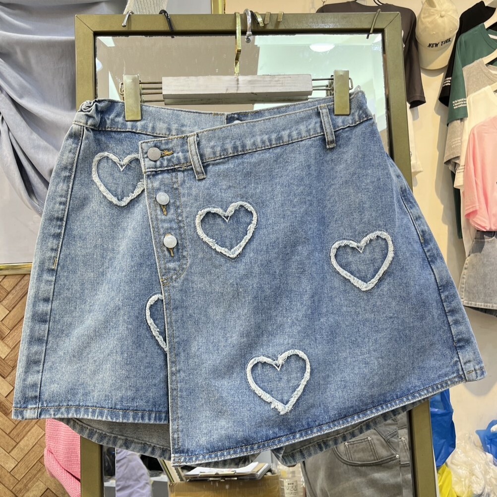 超顯瘦不規則愛心牛仔褲裙