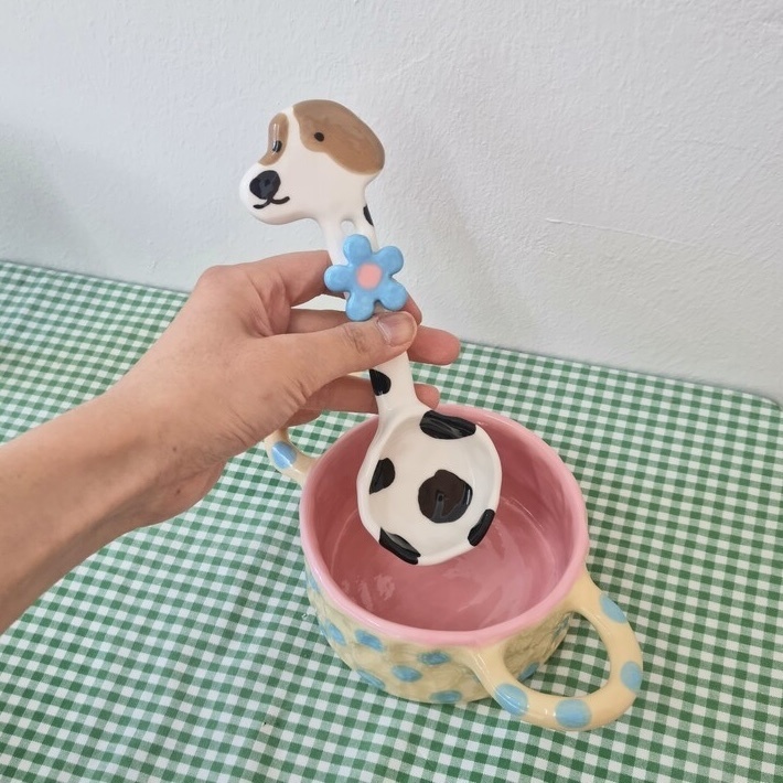 韓國藝術家 手作陶瓷湯匙 狗狗乳牛